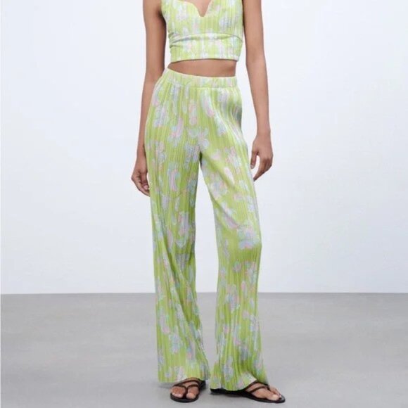 Zara Lime Green Pleated Wide Leg Pant m - Picture 11 of 13